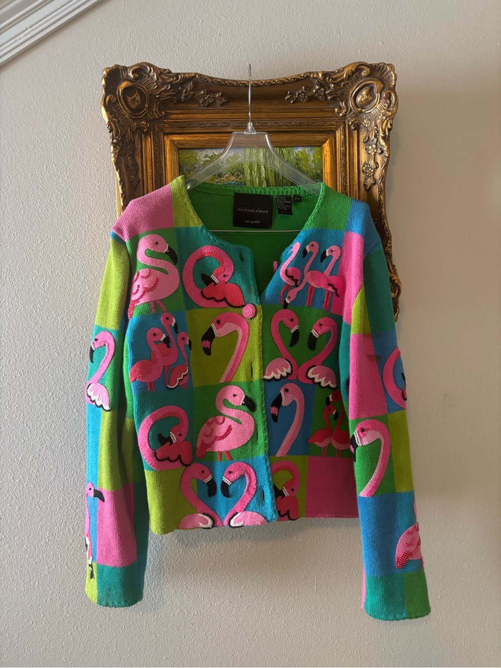 Vintage 1999 Michael Simon Flamingo Patchwork Beaded Cardigan Sweater
